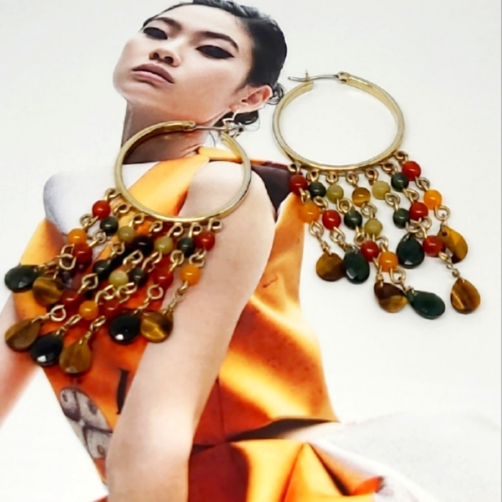 Handcrafted Natural Gemstone Dangle Boho Gold Hoop Earrings